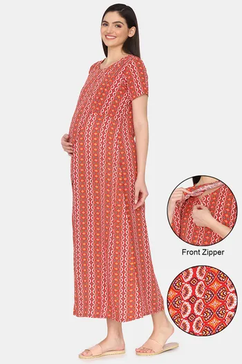 Buy Coucou Maternity Woven Full Length Loungewear Dress With Front Zipper And Discreet Feeding - Cherry Tomato